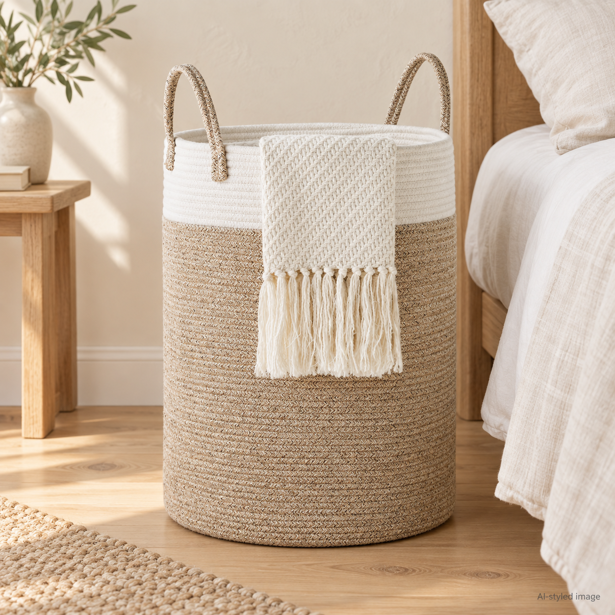 AI styling illustration of Tall cotton-rope storage hamper; not actual product photography