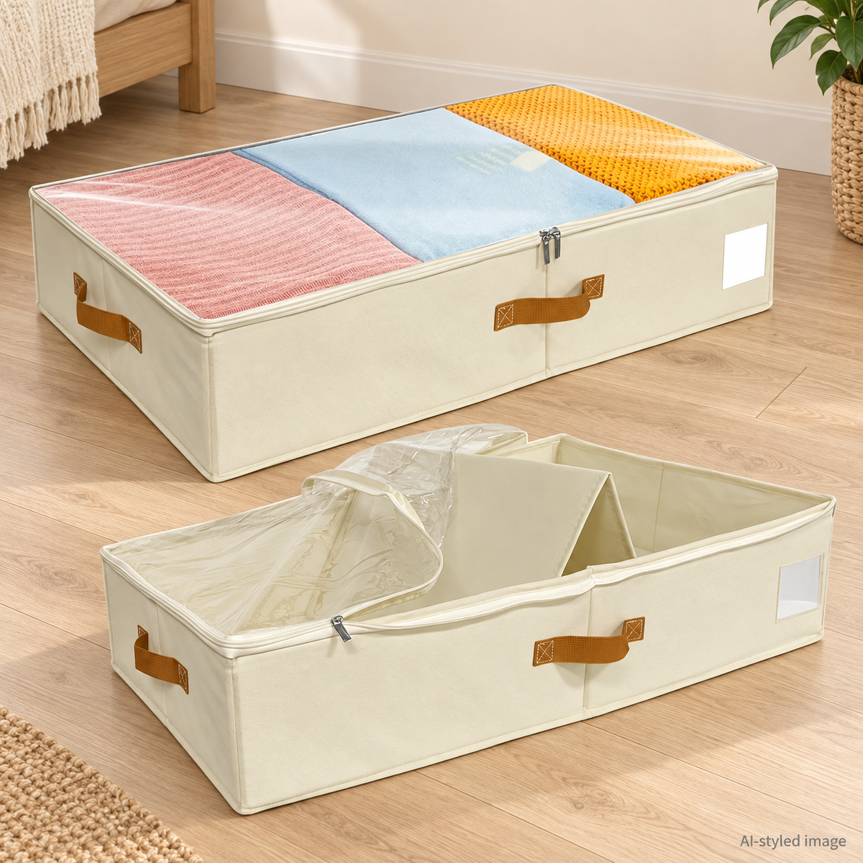 AI-styled illustration of two shallow beige under-bed storage bags with brown webbing handles, clear lids and label windows; one bag is open