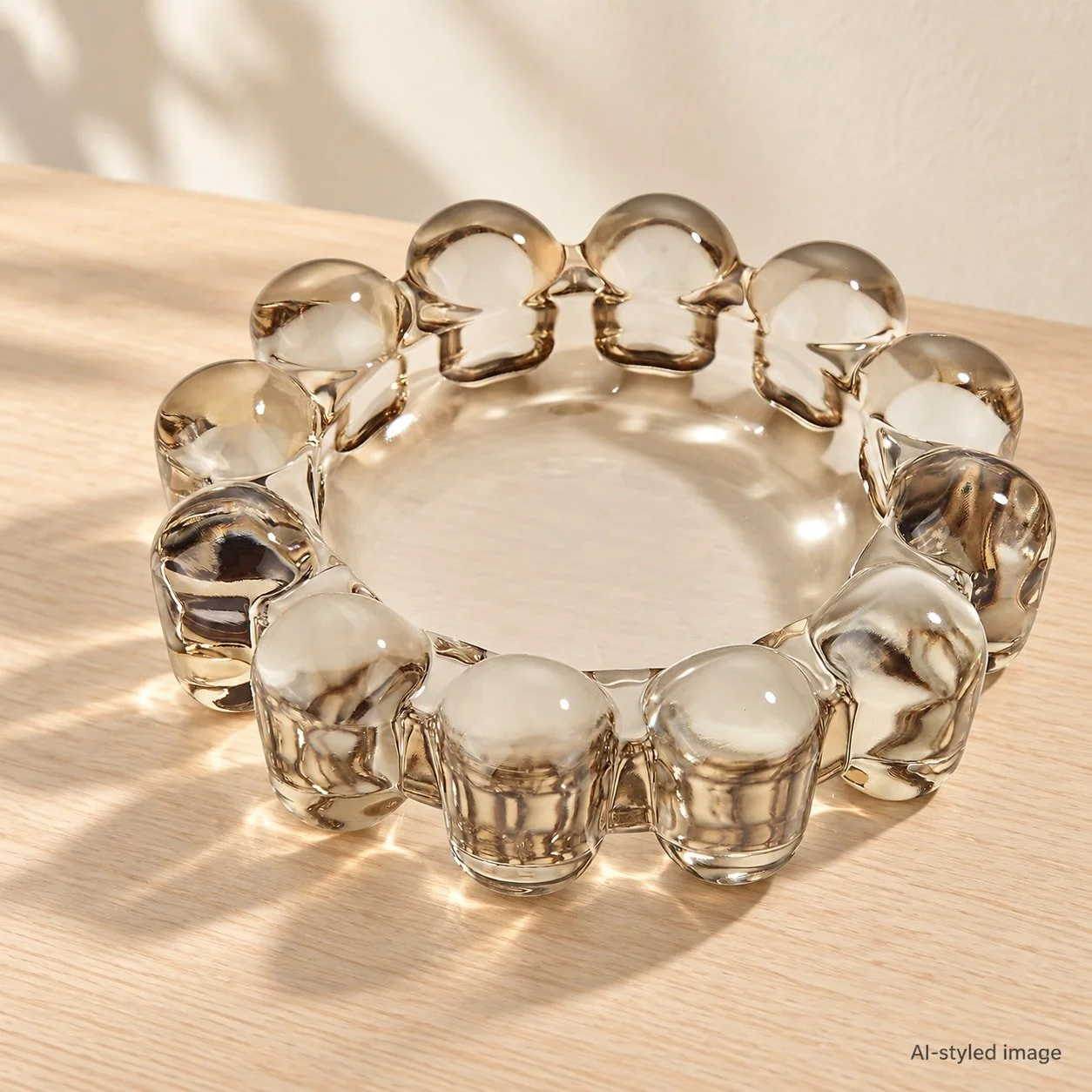 Smoky bubble-glass candle dish — reference-based AI-styled image