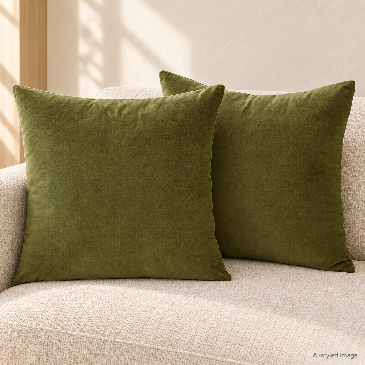 AI-styled illustration of two olive velvet cushions with plain seams; covers only, inserts not included