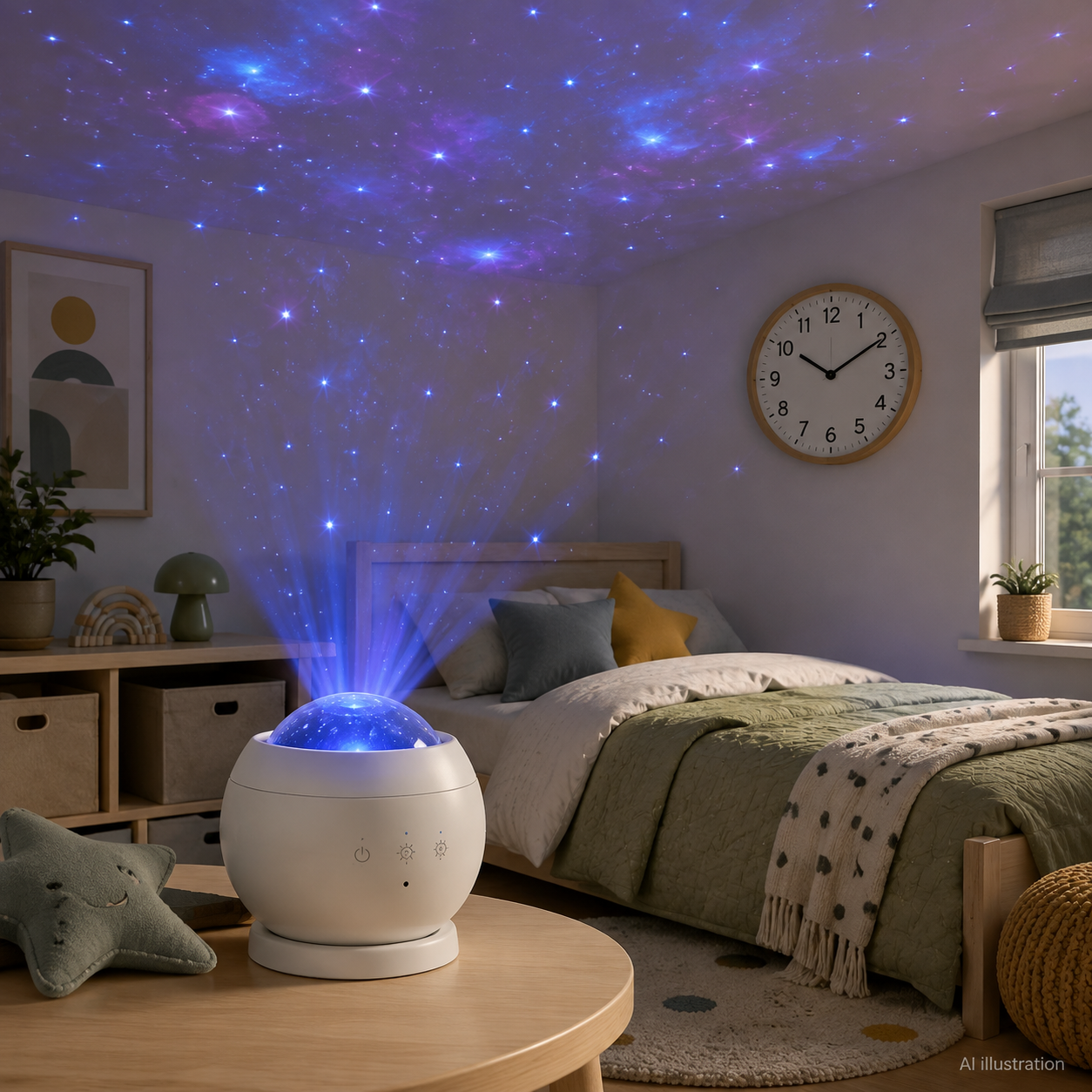 AI styling illustration of Galaxy projector with white noise; not actual product photography