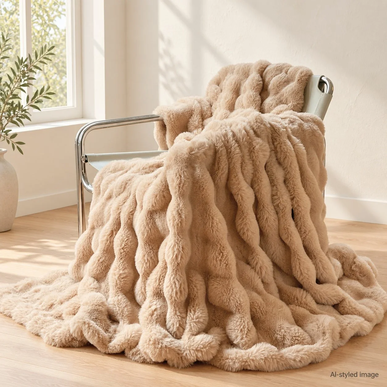 Coffee faux-fur throw — reference-based AI-styled image