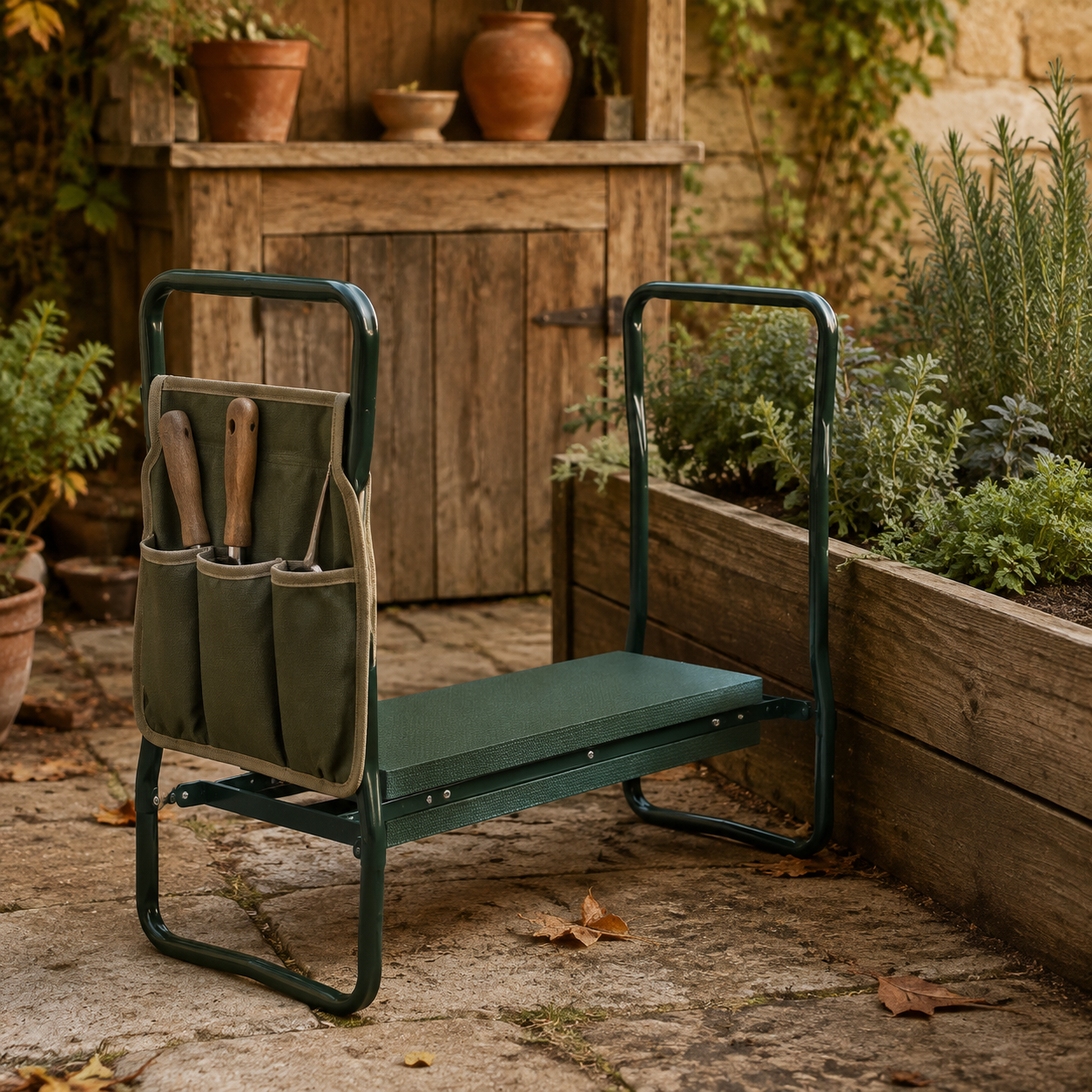 Green folding garden kneeler and seat with tool pouch