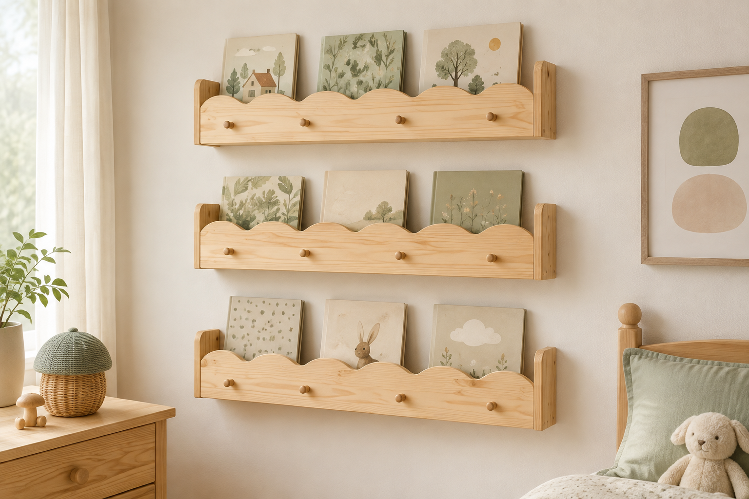 Three natural pine scalloped nursery book shelves with hooks