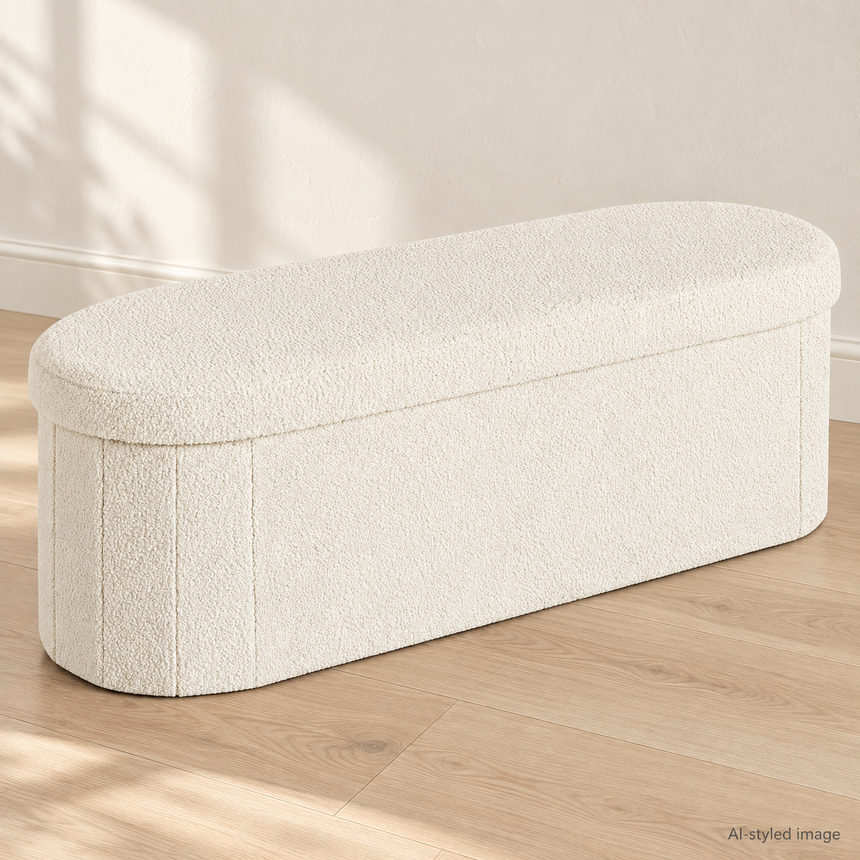 AI-styled image of Cream bouclé storage ottoman bench