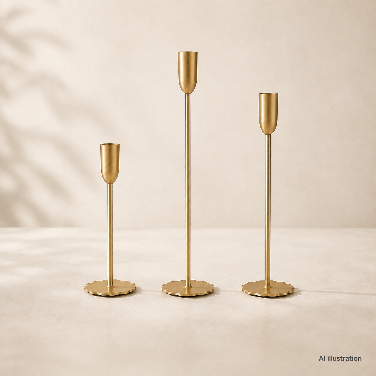 Slender gold candlesticks · set of three styled in a warm neutral interior