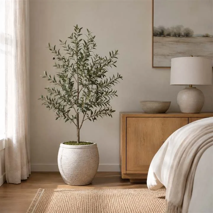 Four-foot artificial olive tree styled in a calm modern-organic interior
