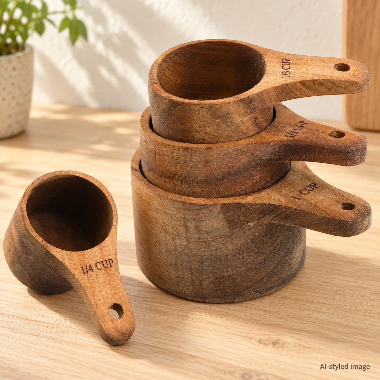 Acacia-wood measuring cups · set of four — reference-based AI-styled image
