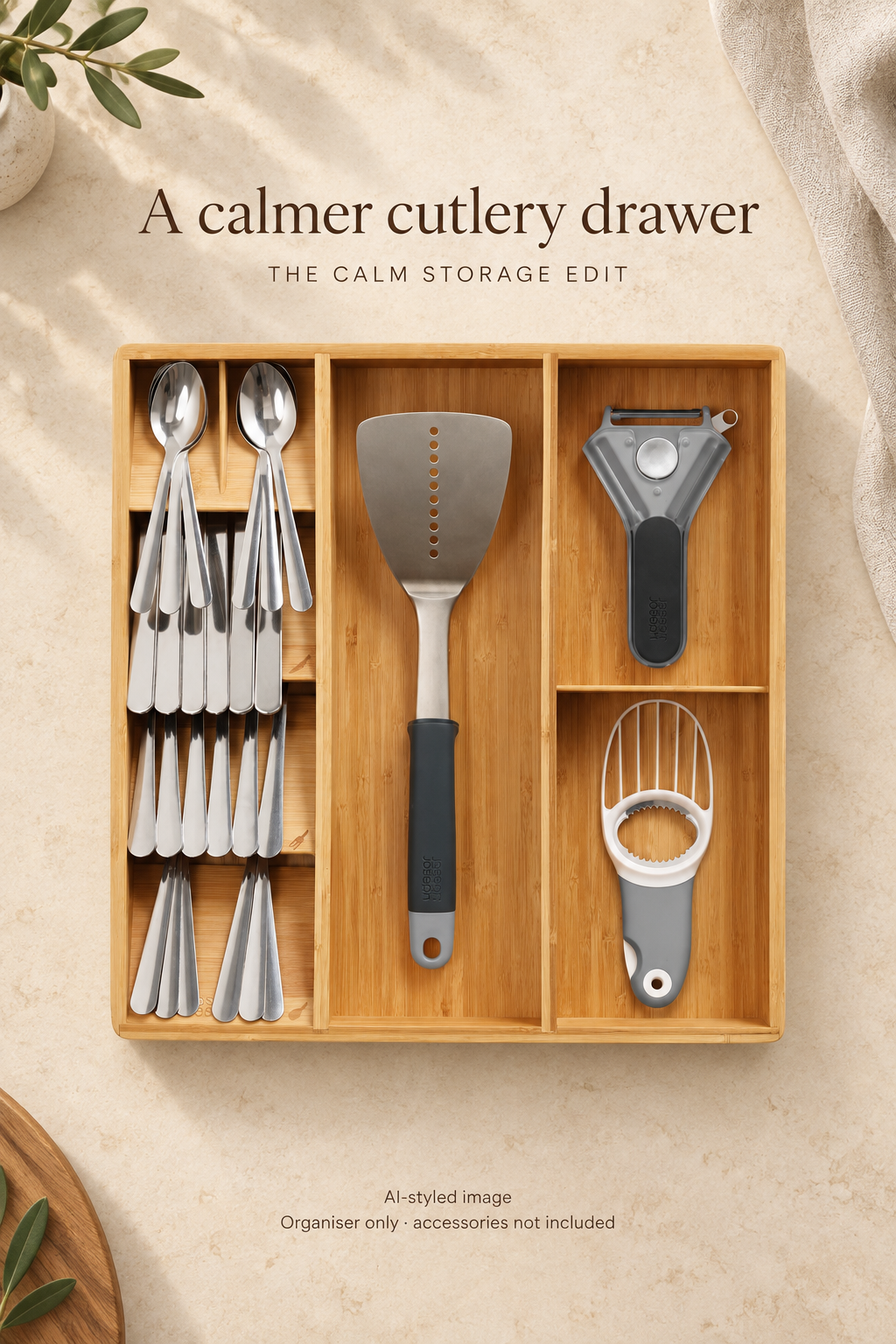 AI-styled overhead image of the Joseph Joseph bamboo DrawerStore organiser with stepped cutlery spaces, a long utensil section and two gadget compartments. Accessories not included.