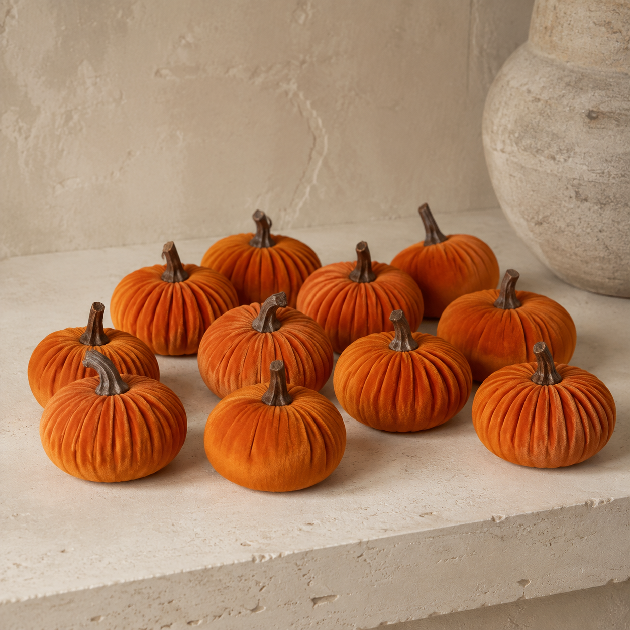Ten orange velvet pumpkins styled for autumn