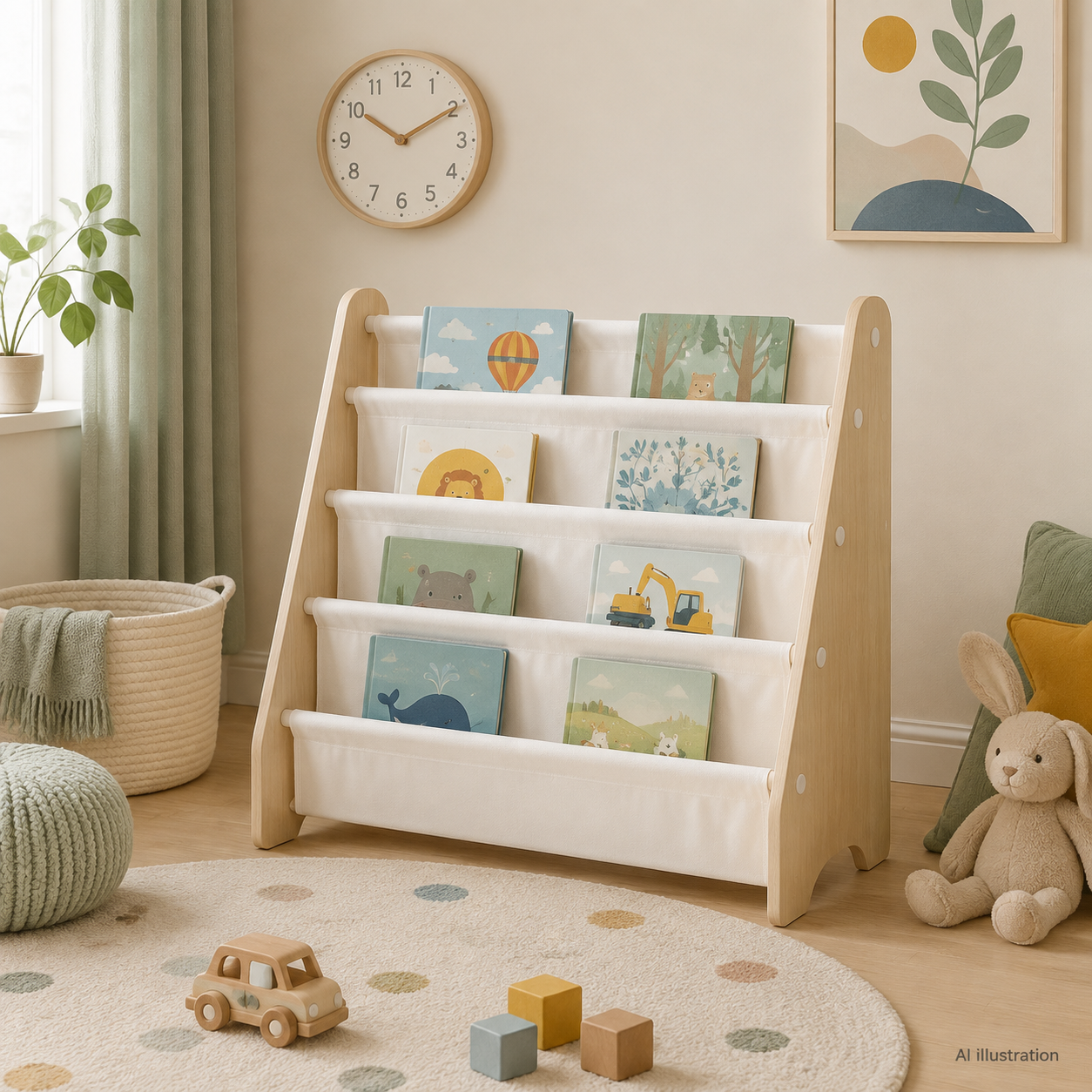 Beech and white bookshelf in a calm children's bedroom
