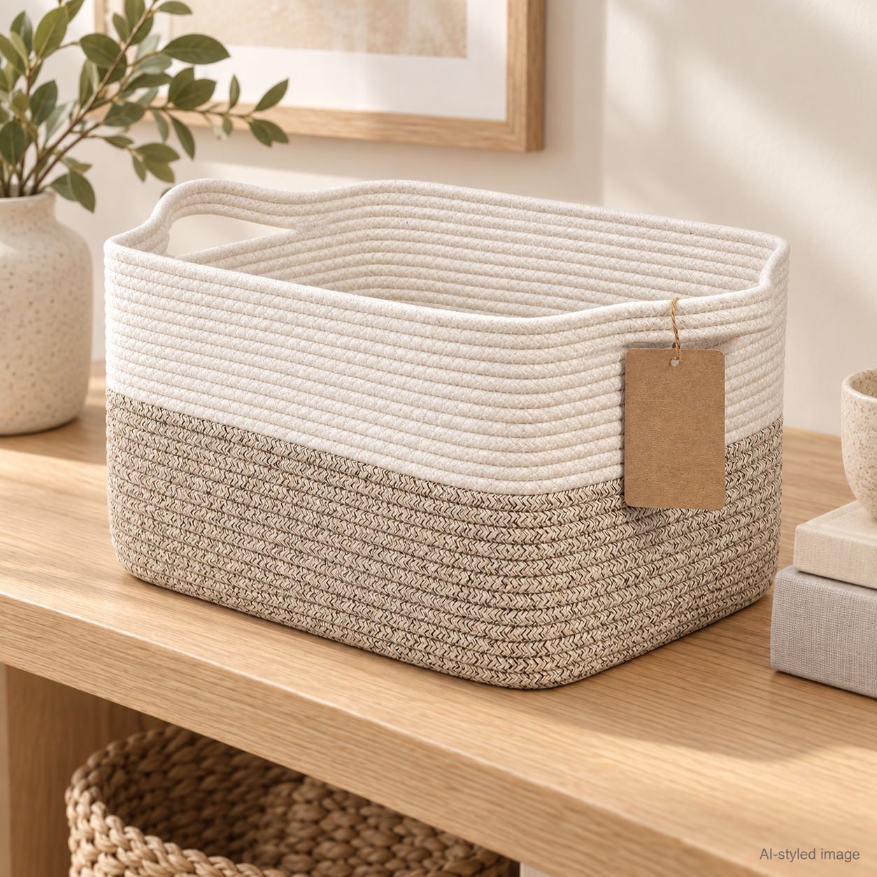 AI styling illustration of Two-tone cotton-rope shelf basket; not actual product photography