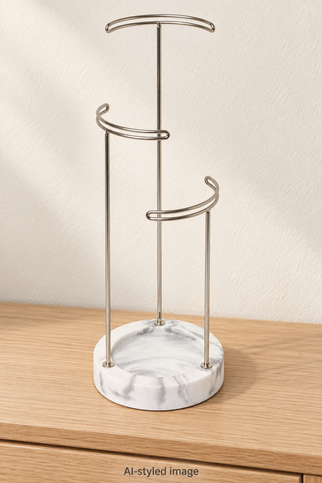 AI-styled illustration of the Umbra Tesora white and nickel jewellery stand with three different-height posts and a shallow marbled resin dish