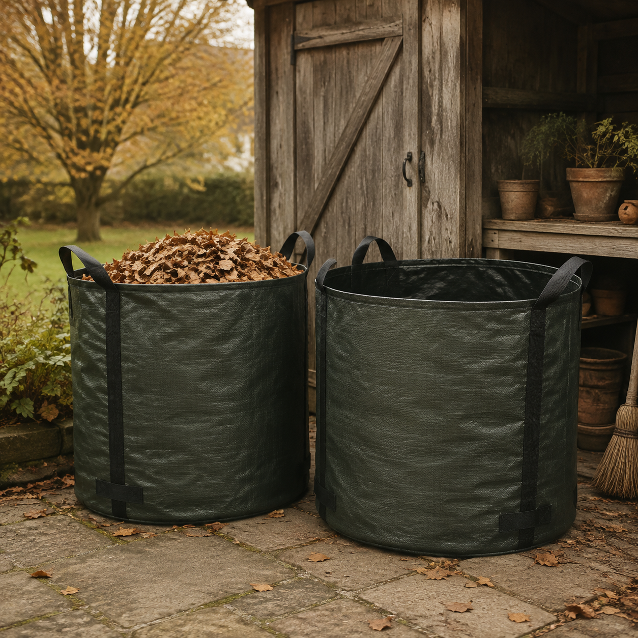 Two green Singwow 500 litre garden waste bags