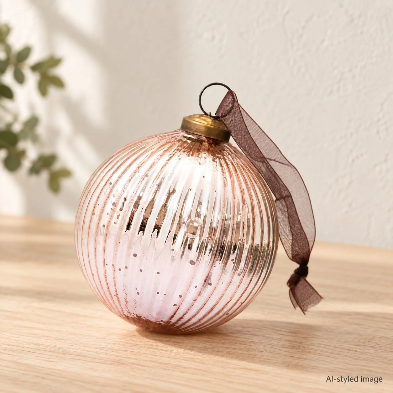 Rose ribbed-glass bauble — reference-based AI-styled image
