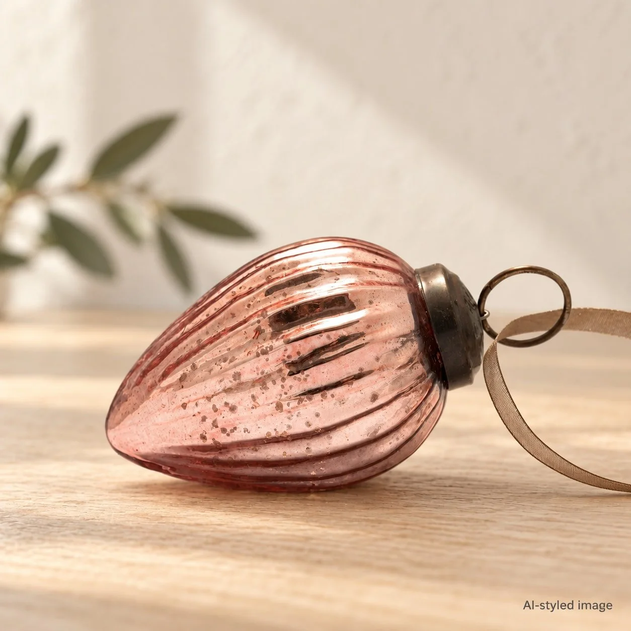 Rose crackle-glass pinecone ornament — reference-based AI-styled image