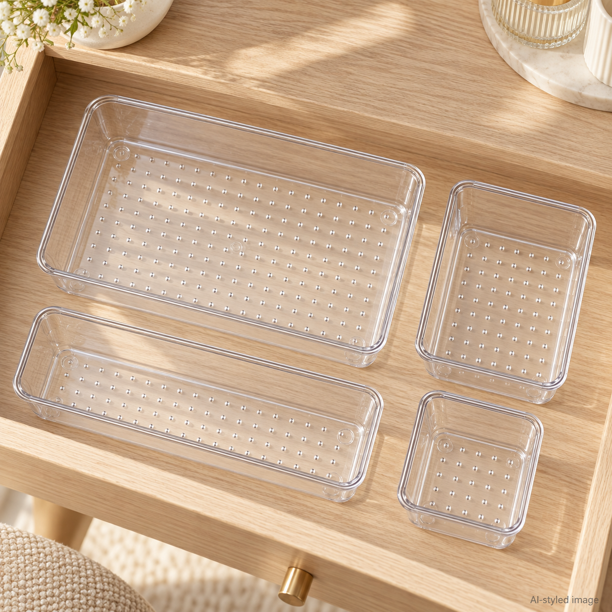 AI-styled detail showing four example clear trays from the Vtopmart 25-piece set