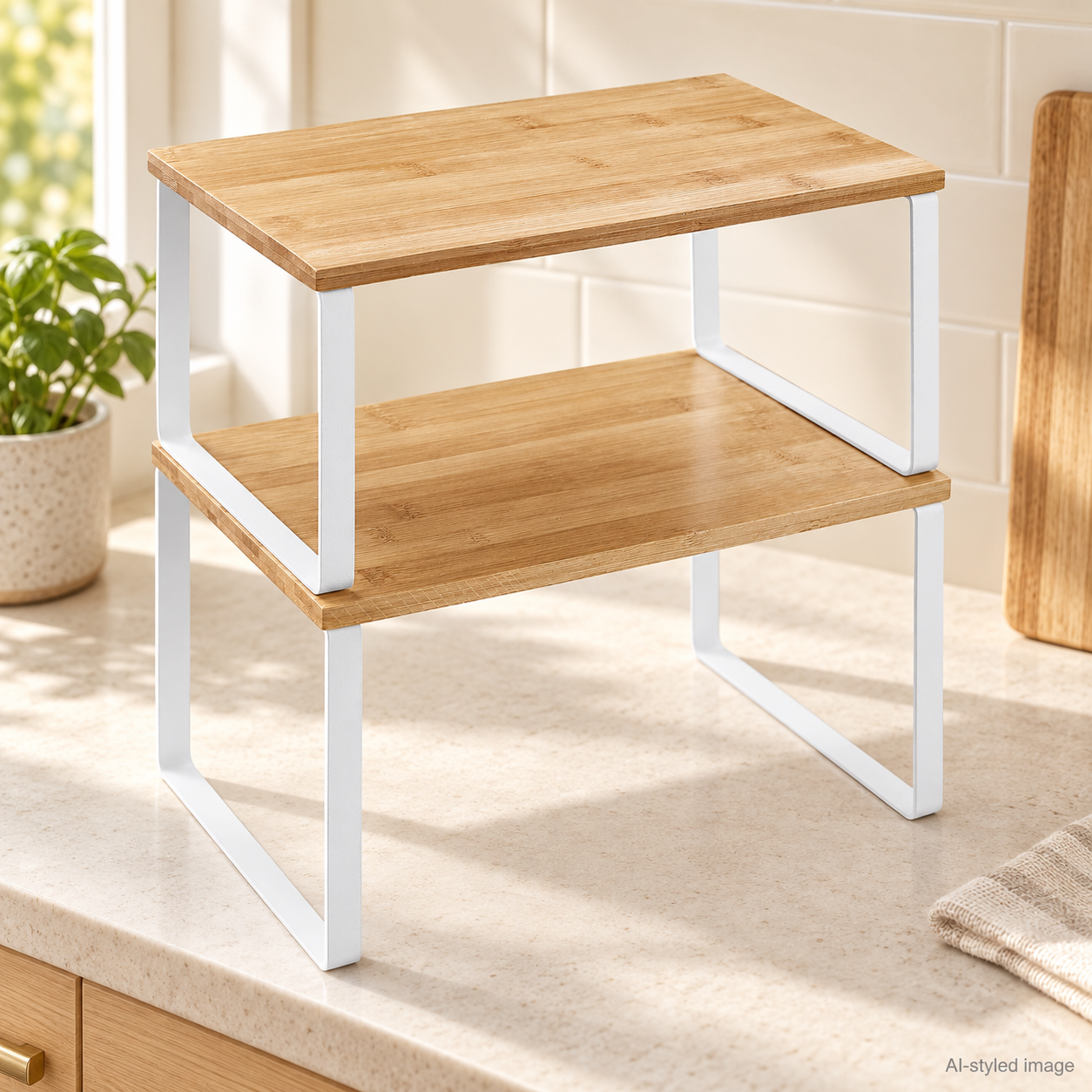 AI styling illustration of White-and-natural cupboard shelf organisers · set of two; not actual product photography