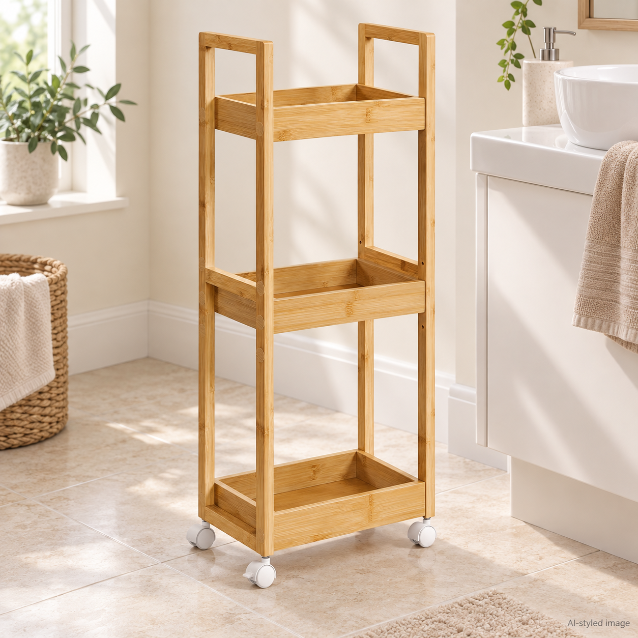 AI styling illustration of Slim three-tier bamboo bathroom trolley; not actual product photography