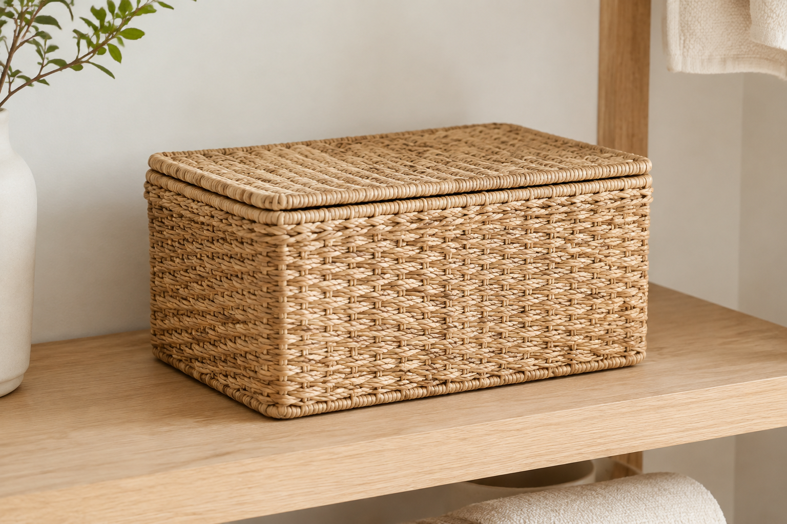 Natural rectangular lidded seagrass storage basket on a pale oak shelf