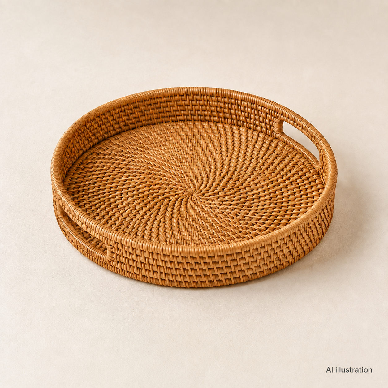 Round woven rattan tray styled in a warm neutral interior