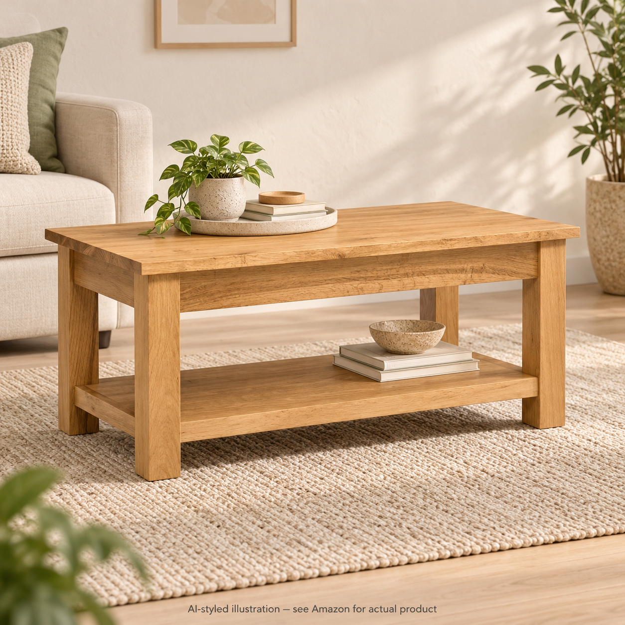 Hallowood Waverly light-oak rectangular coffee table with lower shelf — AI-styled illustration; see Amazon for actual product