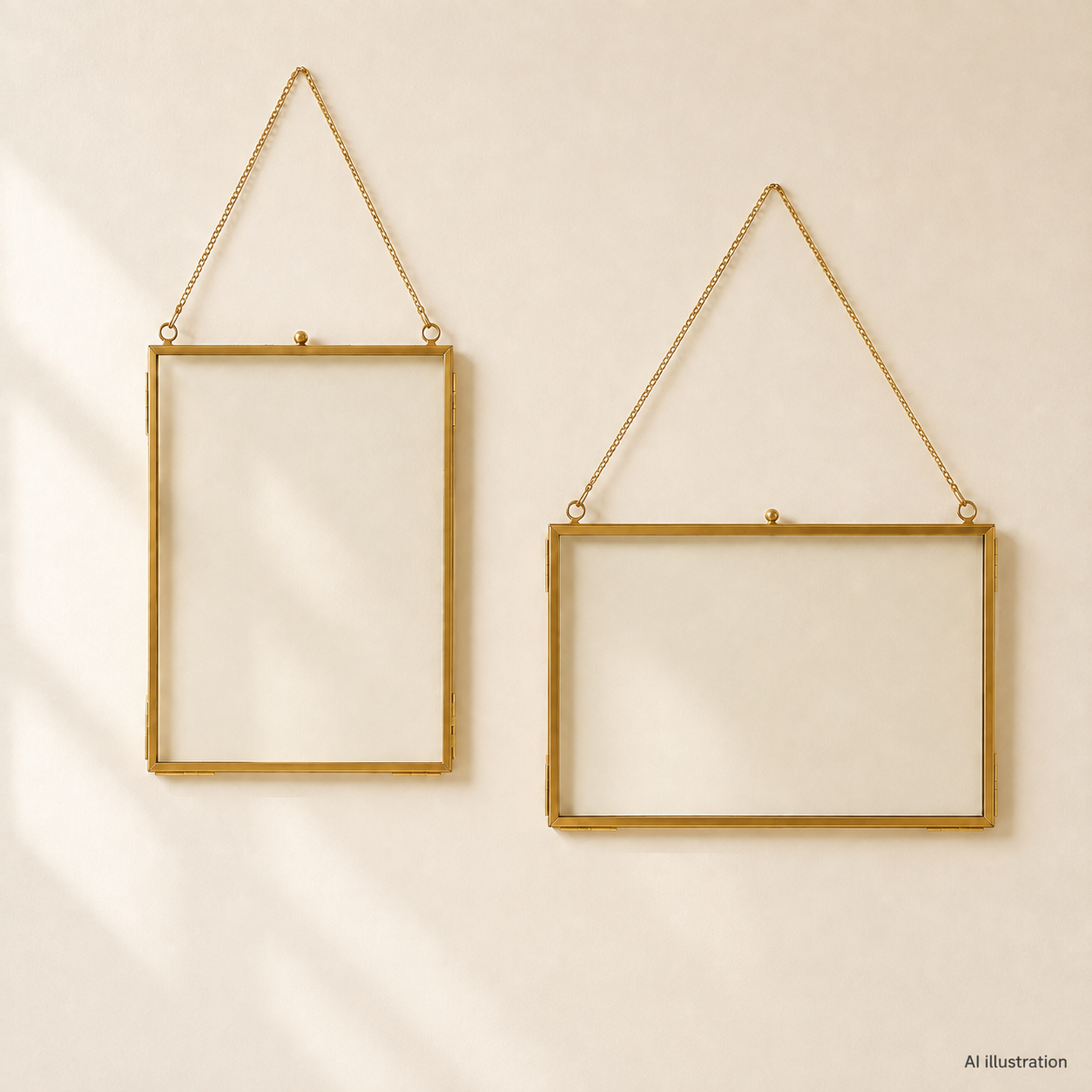 Slim gold hanging frames styled in a warm neutral interior
