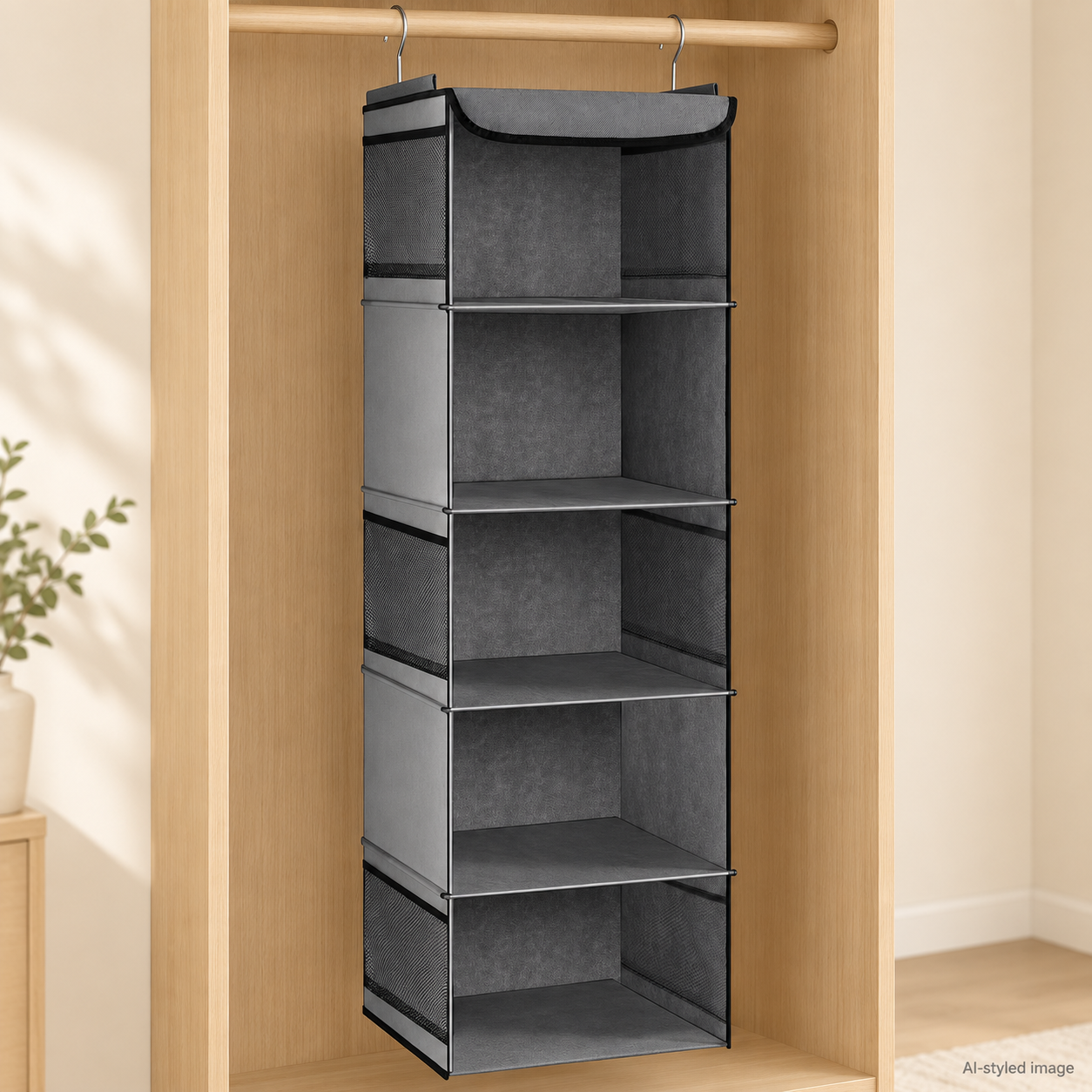 AI-styled illustration of five grey hanging wardrobe shelves suspended from two metal hooks, with three visible side mesh pockets