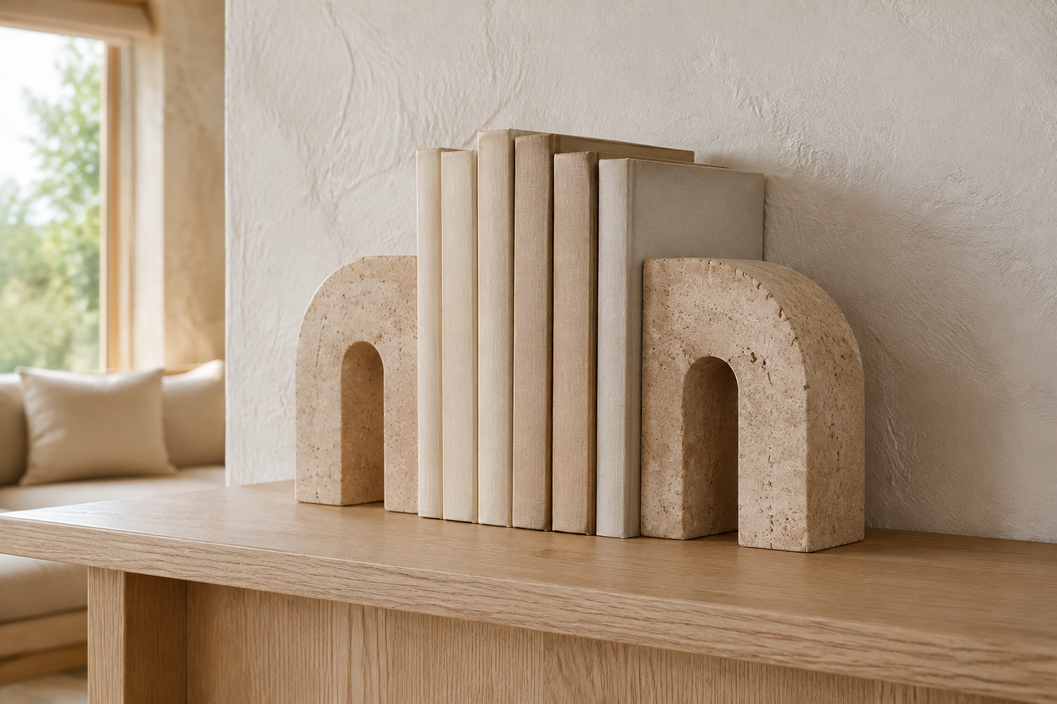 Styled illustration of arched travertine-look bookends