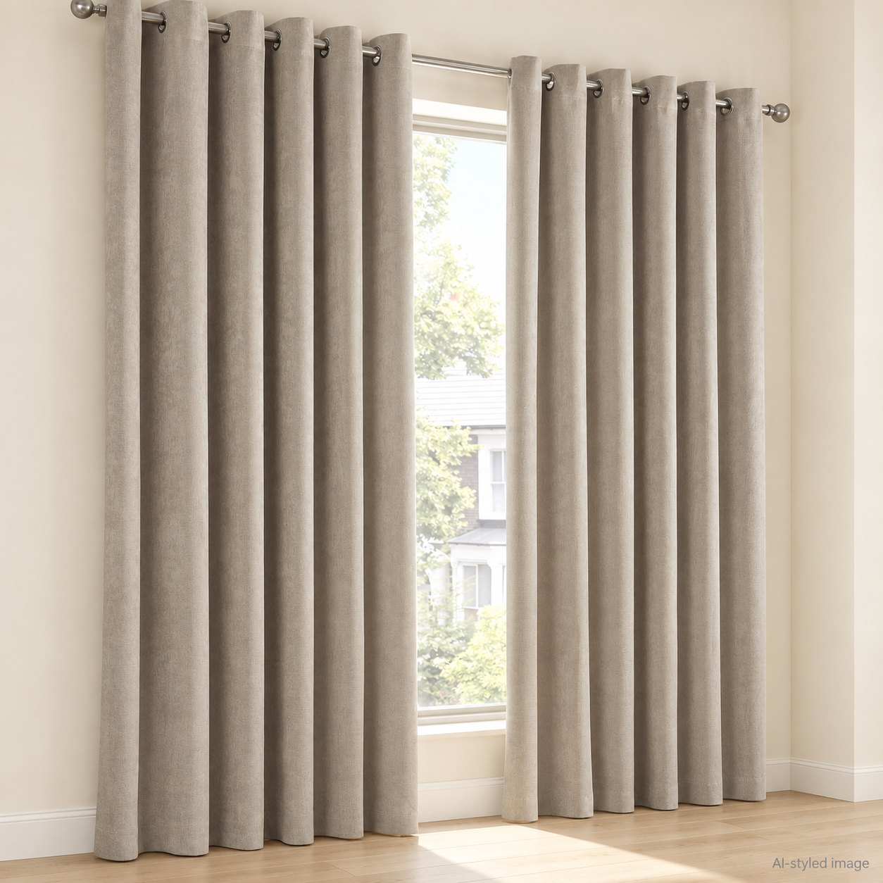 AI-styled image of Natural eyelet dim-out curtains