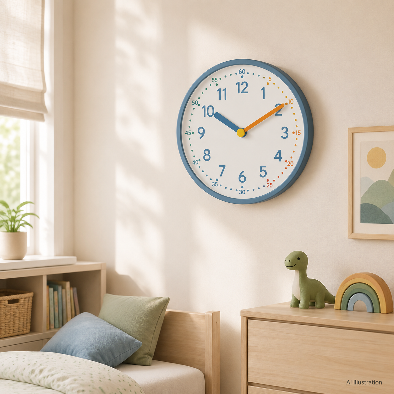 AI styling illustration of Blue teaching wall clock; not actual product photography