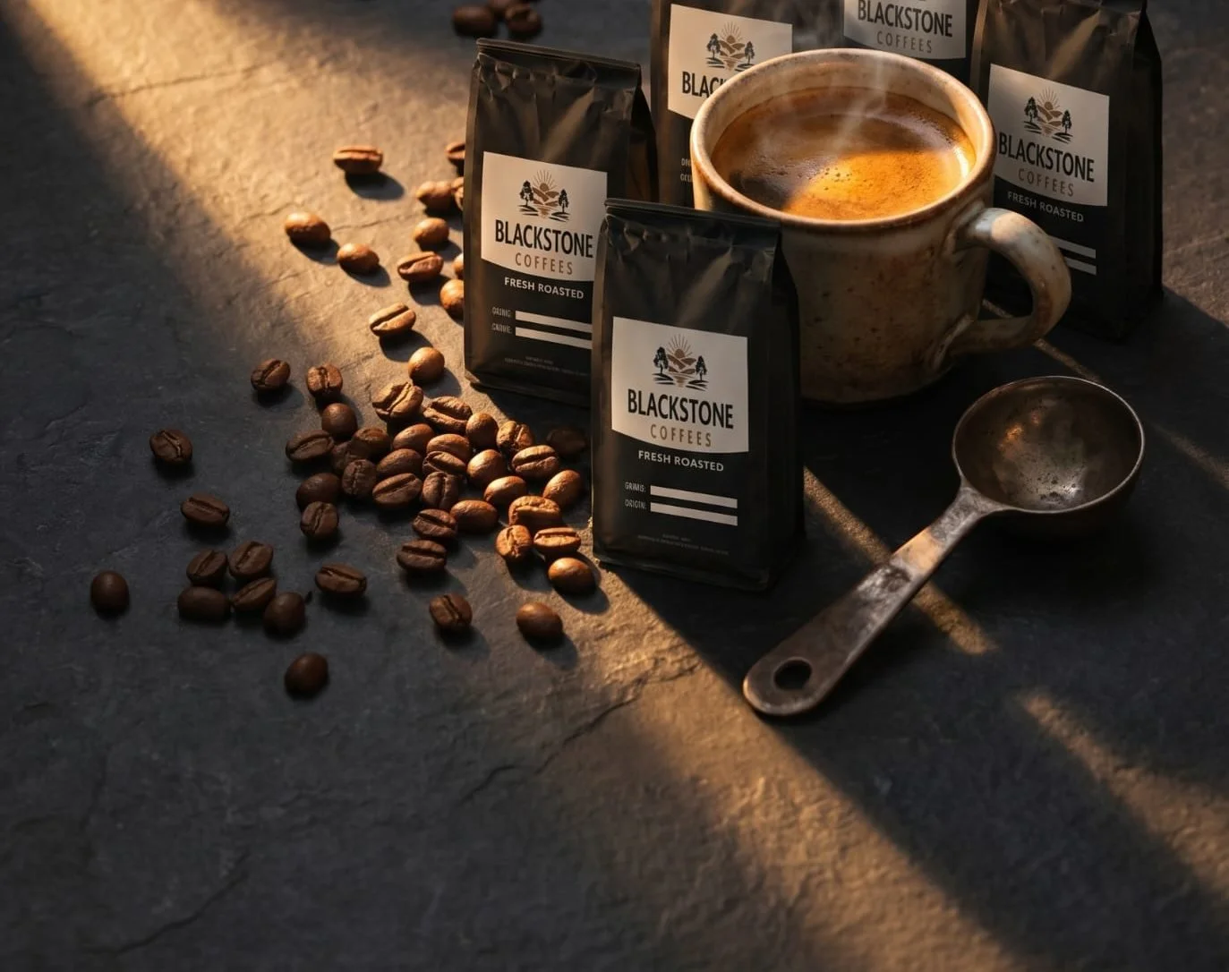 Blackstone sample pack bags with coffee beans and a fresh cup