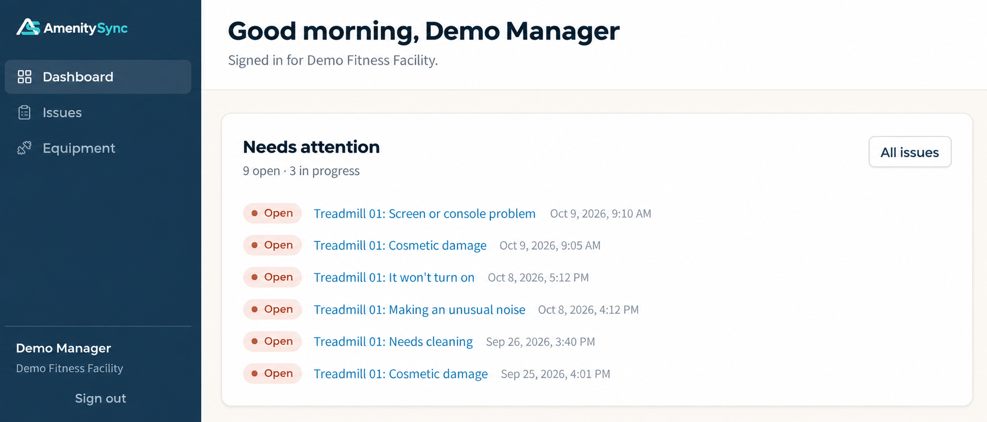 AmenitySync demonstration dashboard showing open and in-progress equipment reports at Demo Fitness Facility