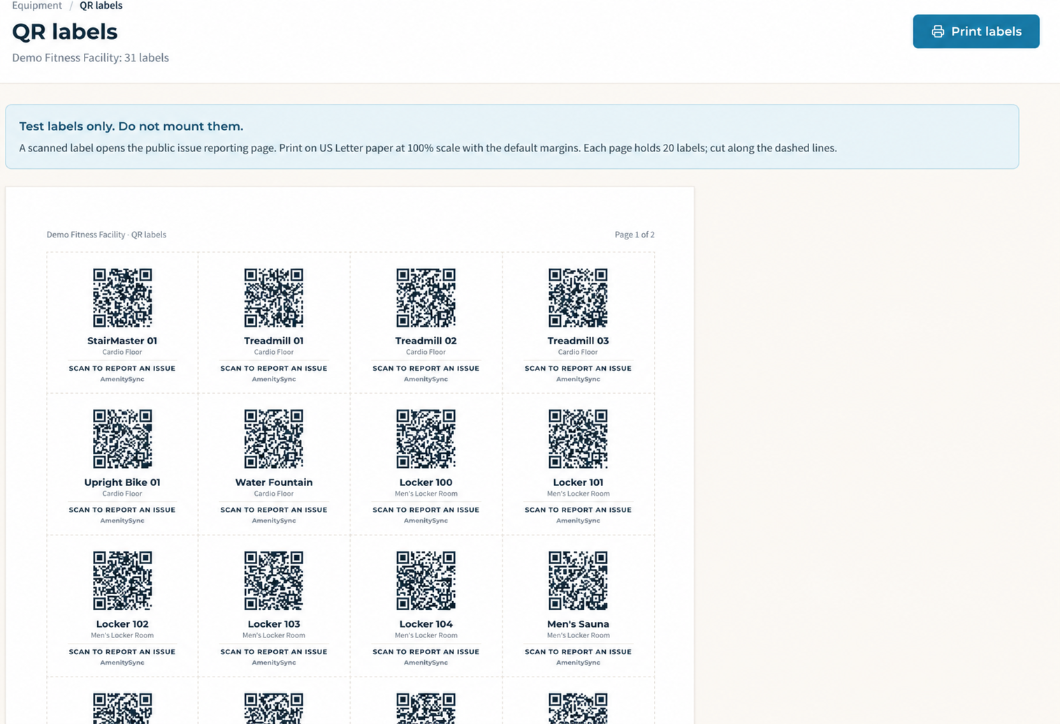 Illustrative demonstration QR label sheet with equipment names and facility areas, marked test labels only