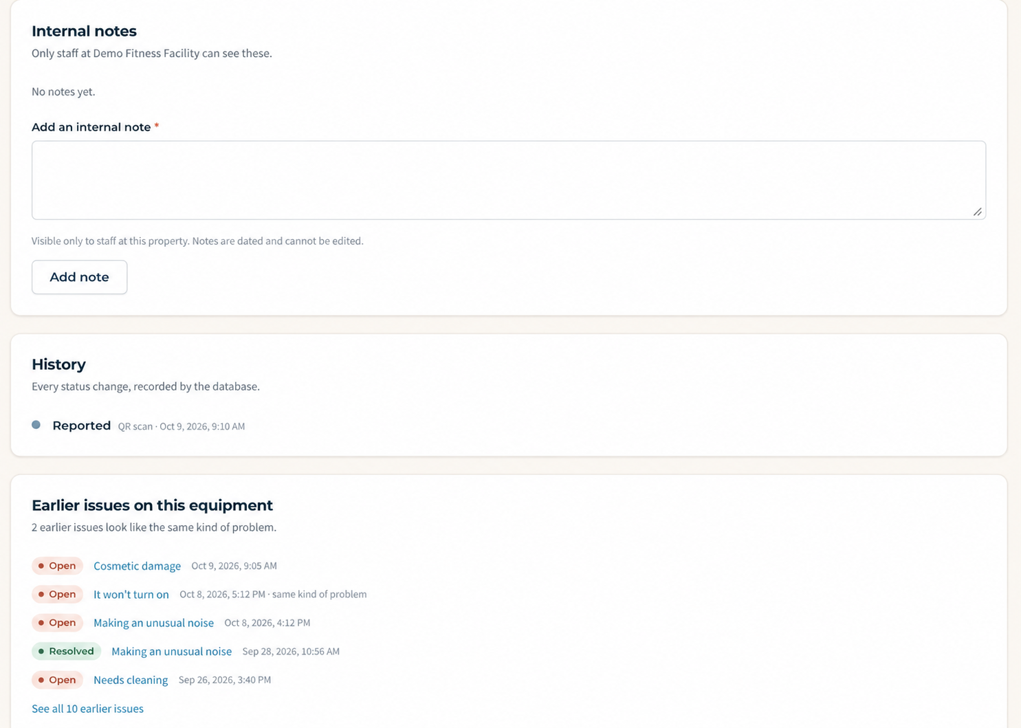 Demonstration internal notes, status-change history, and earlier issues on the same equipment