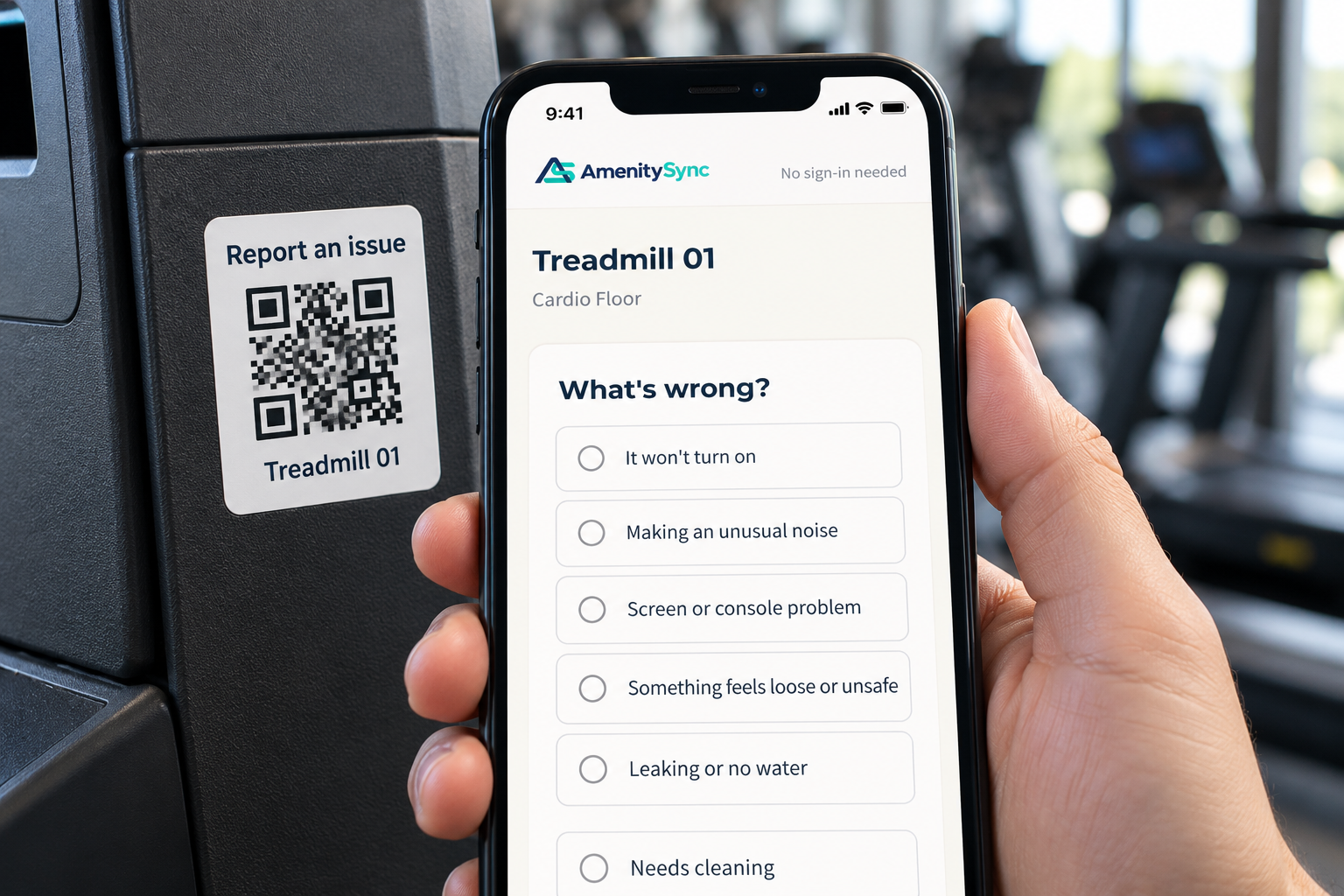 Illustrative gym scene showing a phone beside a treadmill QR label, with the AmenitySync equipment reporting form and No sign-in needed message visible