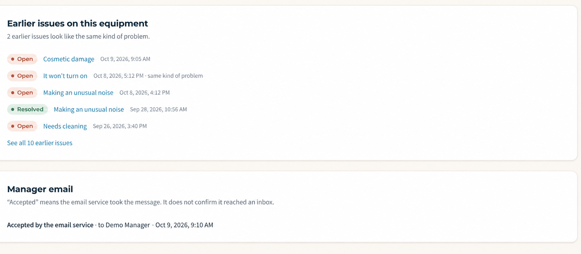 Demonstration manager email panel showing email-service acceptance and explaining that inbox delivery is not confirmed
