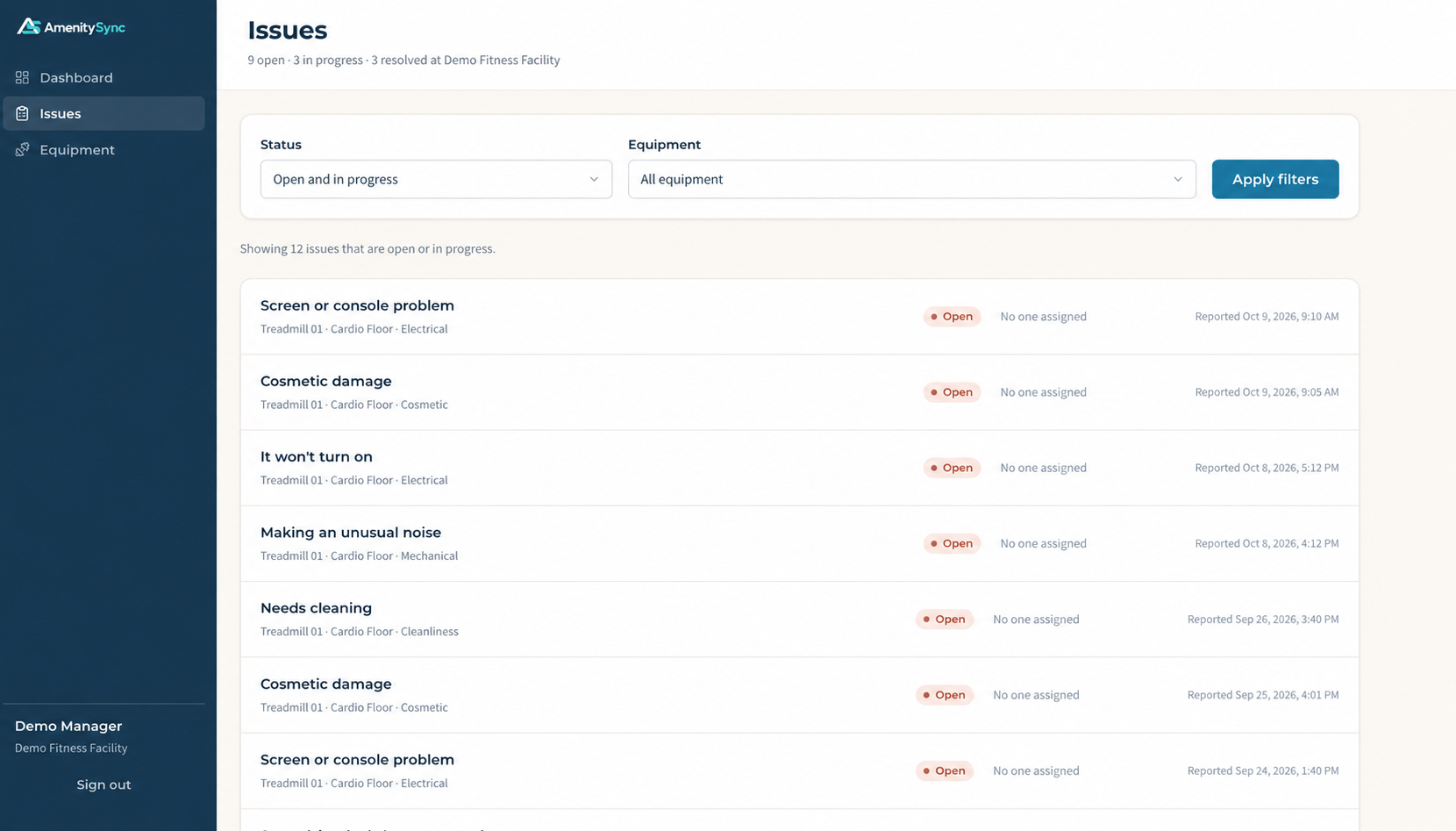 Demonstration Issues screen with equipment and status filters and a list of equipment reports