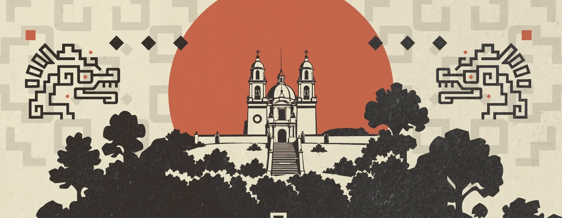 Silueta de la Pirámide de Cholula frente a un sol rojo