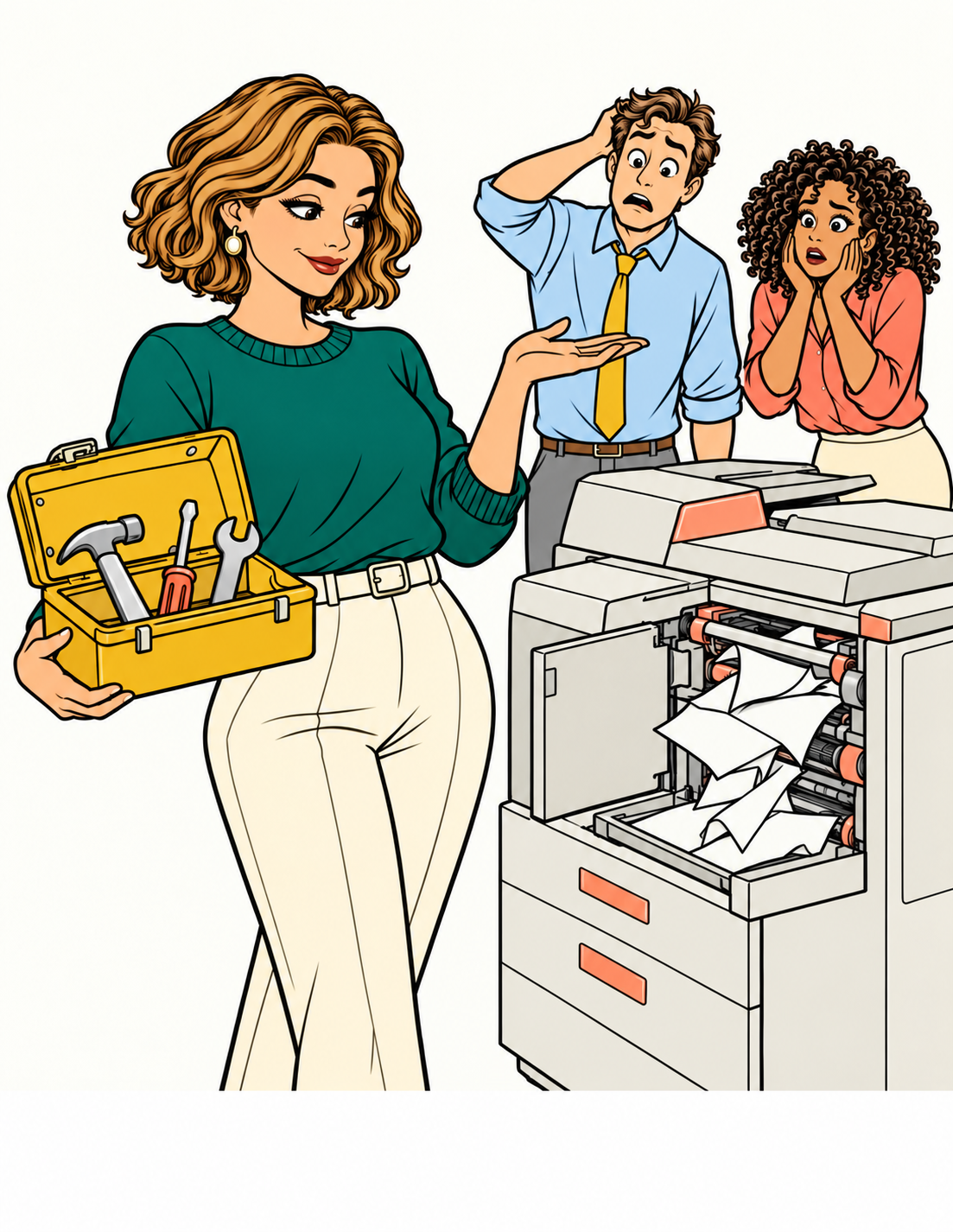A knowing colleague arrives with a toolkit as coworkers gather around a jammed copier, in teal, gold and coral.