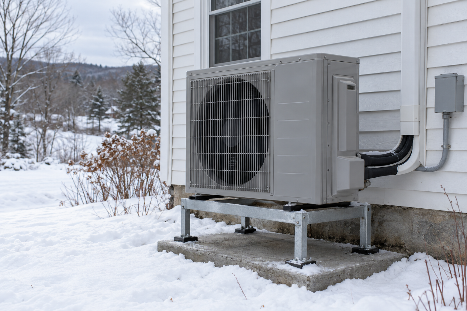 Illustrative outdoor residential heat pump on a raised stand during winter