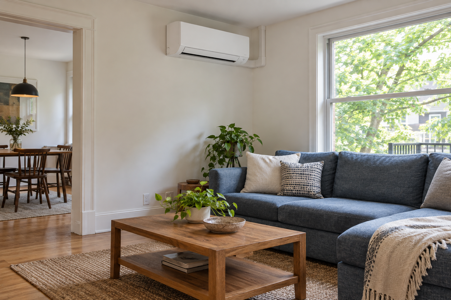 Illustrative comfortable living room with a wall-mounted mini-split