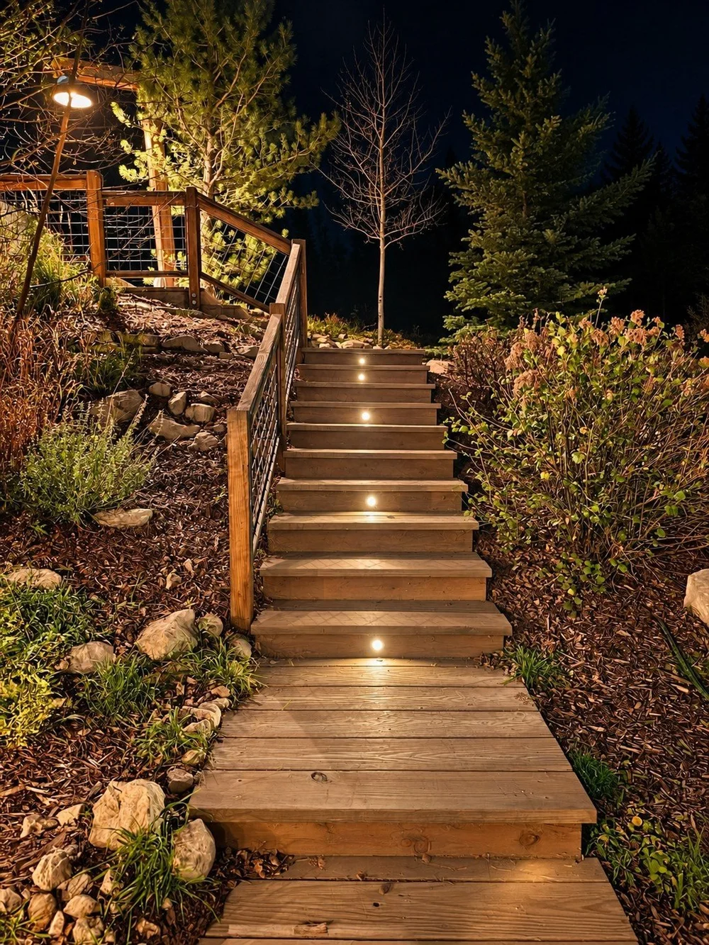 Wooden steps with built-in lights leading down through the garden at night