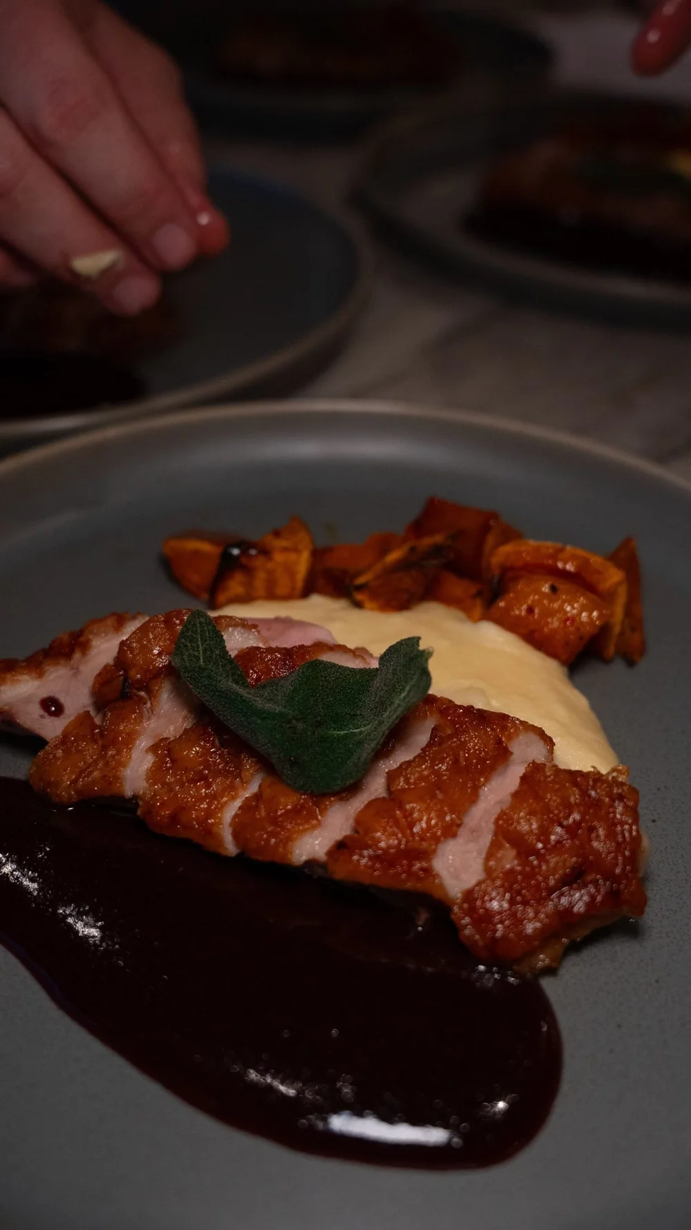 A plated duck course with a dark berry sauce and roasted squash