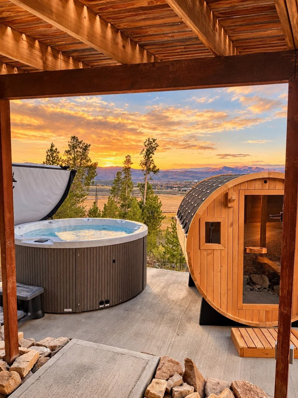 The hot tub and wood barrel sauna under a covered patio, with unobstructed views of the mountains beyond
