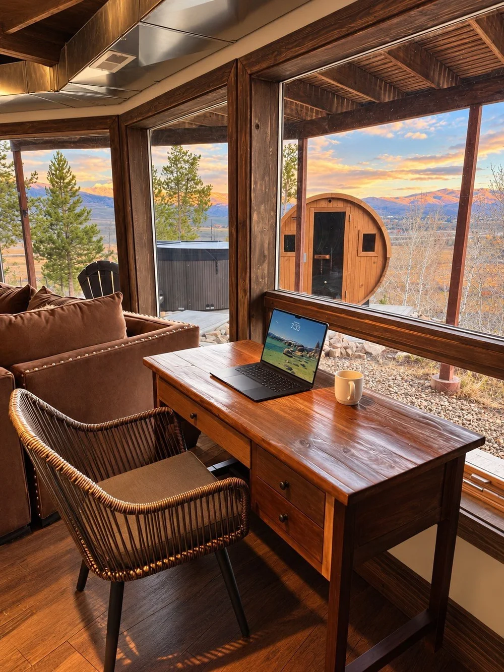 A wood writing desk with a laptop, at a corner of windows looking out to the sauna, hot tub and mountains