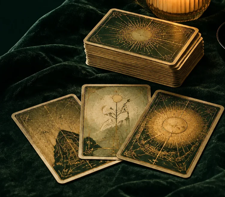 Green and gold tarot cards on deep-green velvet