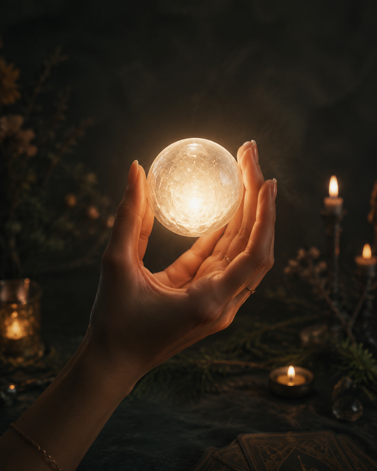 Hands holding a glowing moon sphere by candlelight