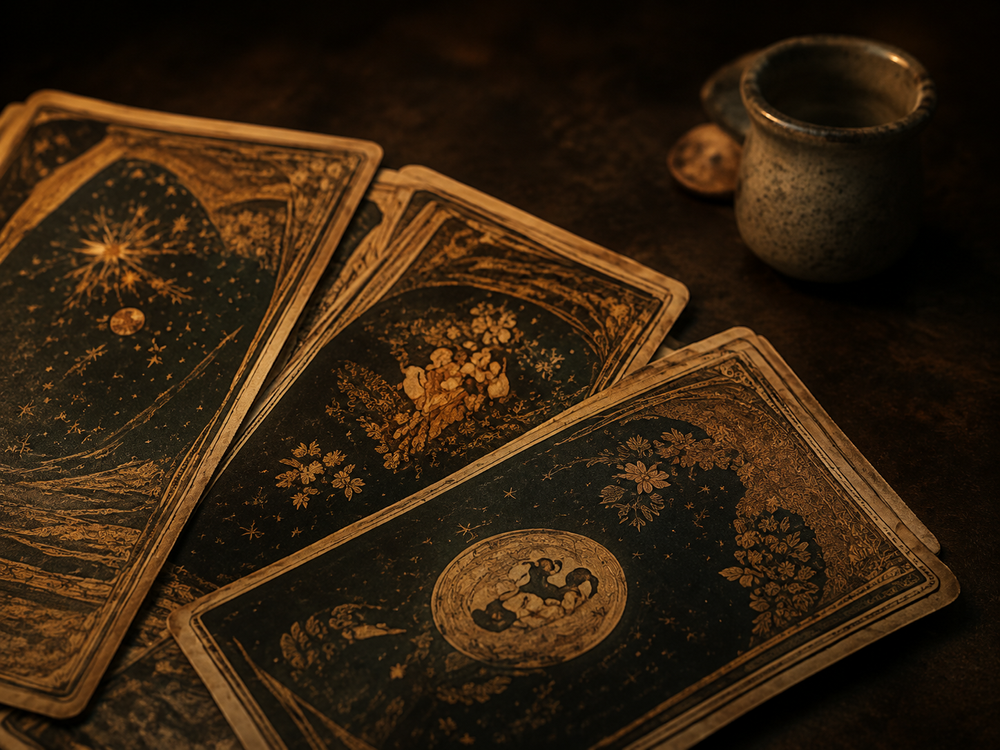 Gold-decorated tarot cards on a dark table beside a cup.