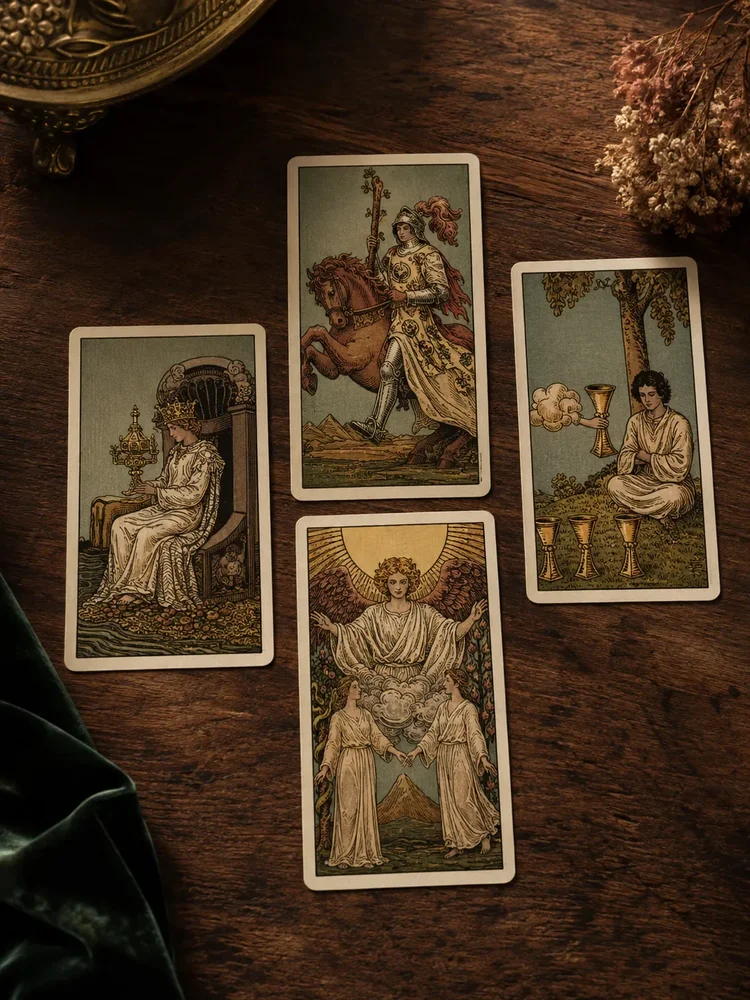 Four tarot cards on dark wood beside green fabric and dried flowers